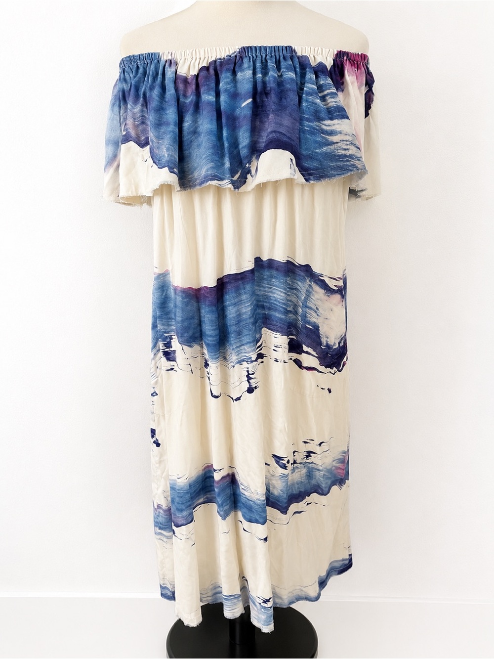 GO BY GO SILK Off-Shoulder Cream Dress with Blue Wave Print